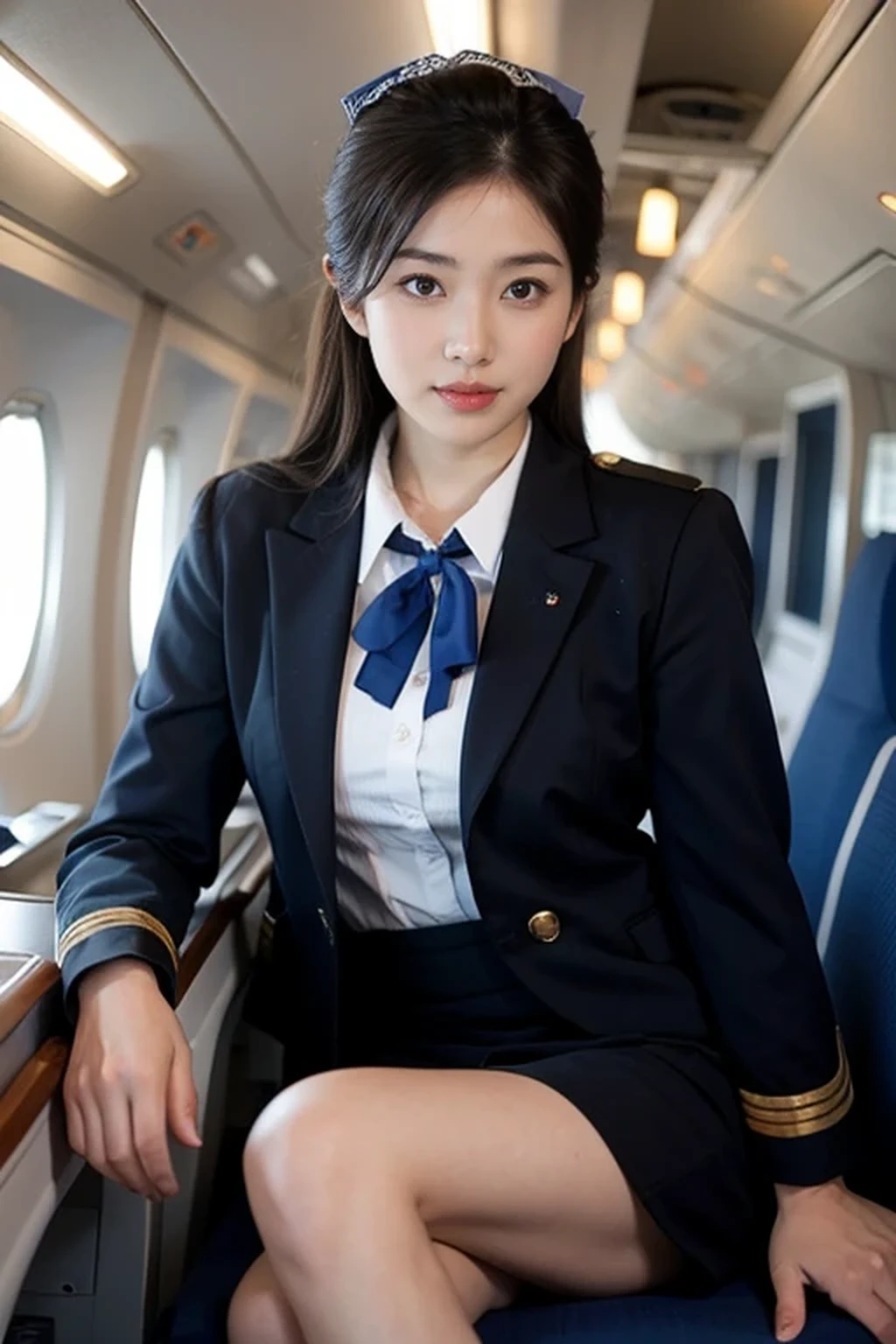 (8k, best quality, masterpiece), (((stewardess, flight attendant uniform))), (Japanese beautiful woman, glamorous body ), inside an airplane