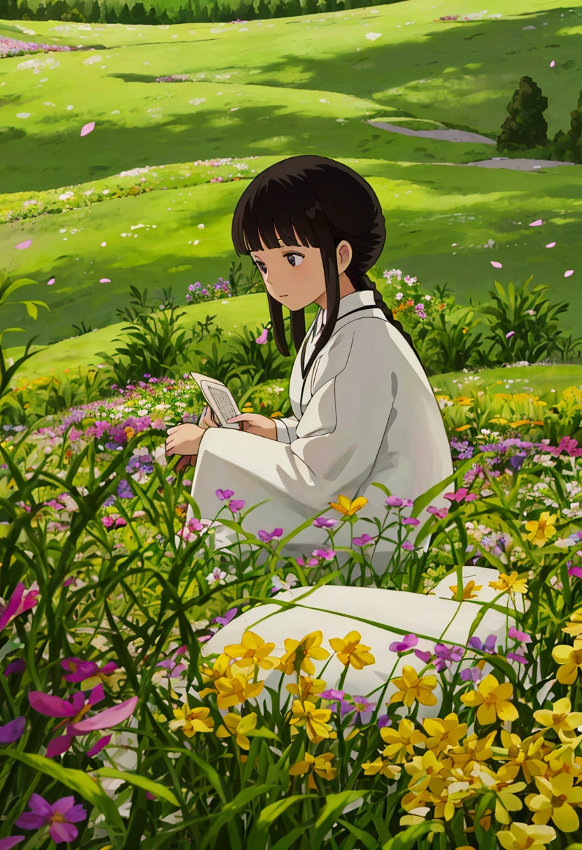arafed woman sitting in a field of flowers reading a book, white hanfu, palace , a girl in hanfu, girl sitting in a flower field, by Yang J, sitting in a field of flowers, in a field of flowers, in a cottagecore flower garden, hanfu, in a field with flowers, girl in flowers