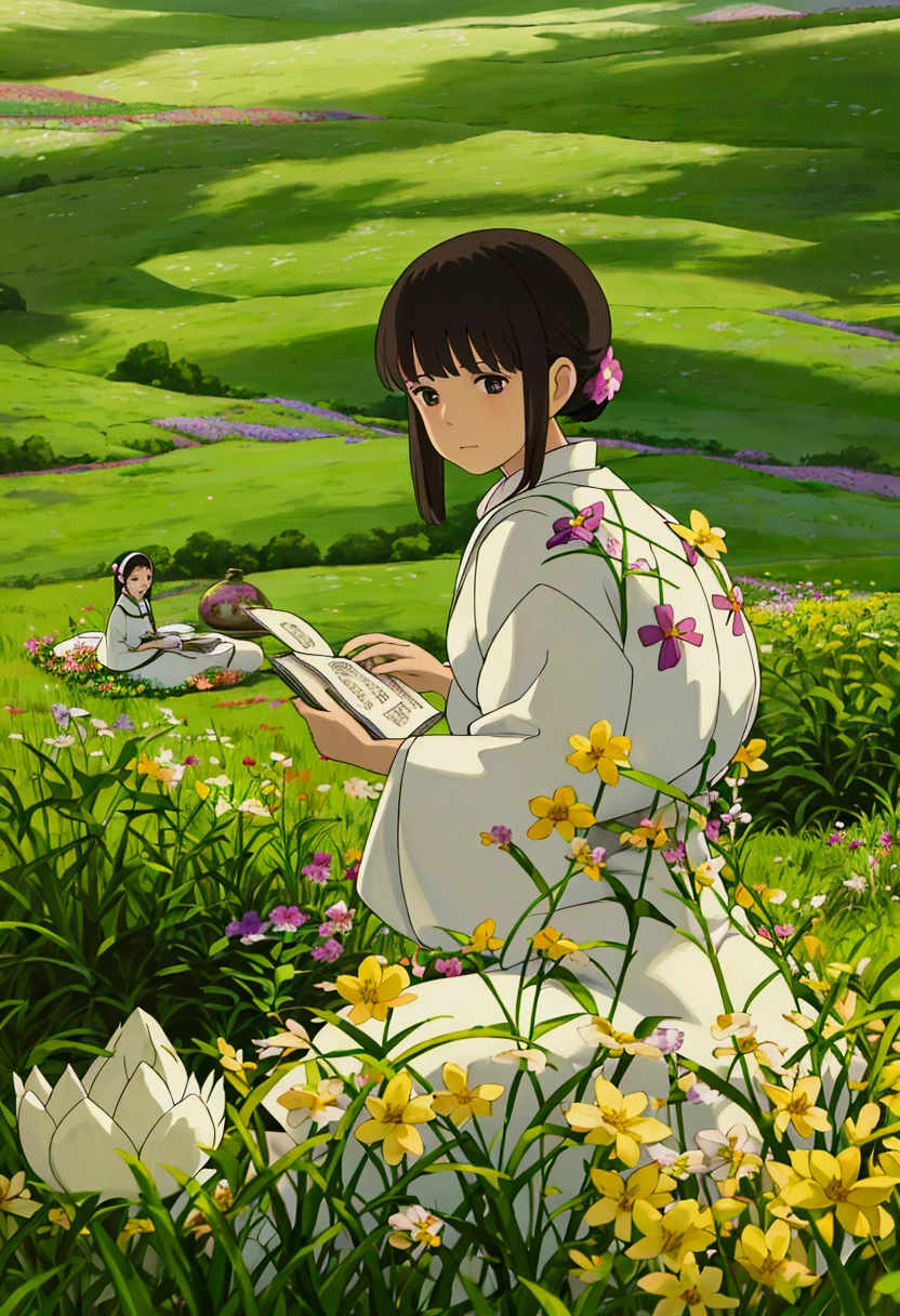 arafed woman sitting in a field of flowers reading a book, white hanfu, palace ， a girl in hanfu, girl sitting in a flower field, by Yang J, sitting in a field of flowers, in a field of flowers, in a cottagecore flower garden, hanfu, in a field with flowers, girl in flowers