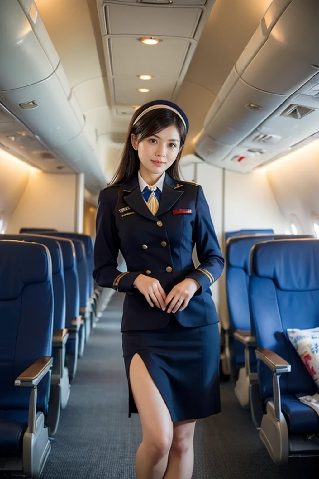 (8k, best quality, masterpiece), (((stewardess, flight attendant uniform))), (Japanese beautiful woman, glamorous body ), inside an airplane