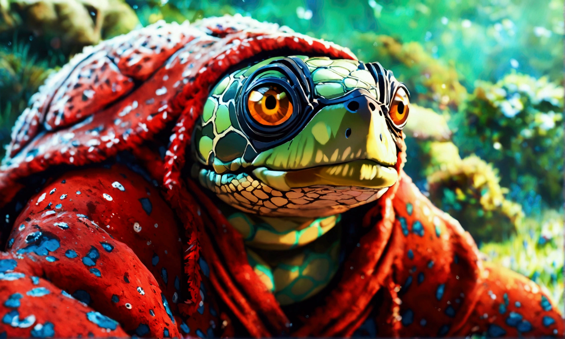 Humanoid turtle, green eye, lounge robe, sunglasses, relaxed expression, seabed, "Anime character design inspired by One Piece, full of dramatic and impressive lighting, focus on the centralized character, impressive face, full of creative details, ultra-fine 4K design, scenery bathed in creativity, boasting 2D anime resolution clarity, HD anime graphics, high-octane rendering"