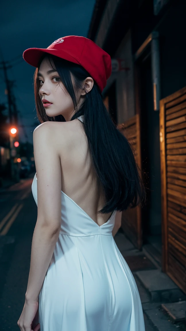 Acrobatic Sarasara, urban legend yokai, extremely tall woman, bright red hat and dress, long flowing black hair, completely empty eye sockets (emphasized), no eyeballs, multiple scars on left arm, stalking a person from behind, dark residential street at night, dim streetlights, lone figure walking home, eerie atmosphere, surreal, high resolution, detailed depiction