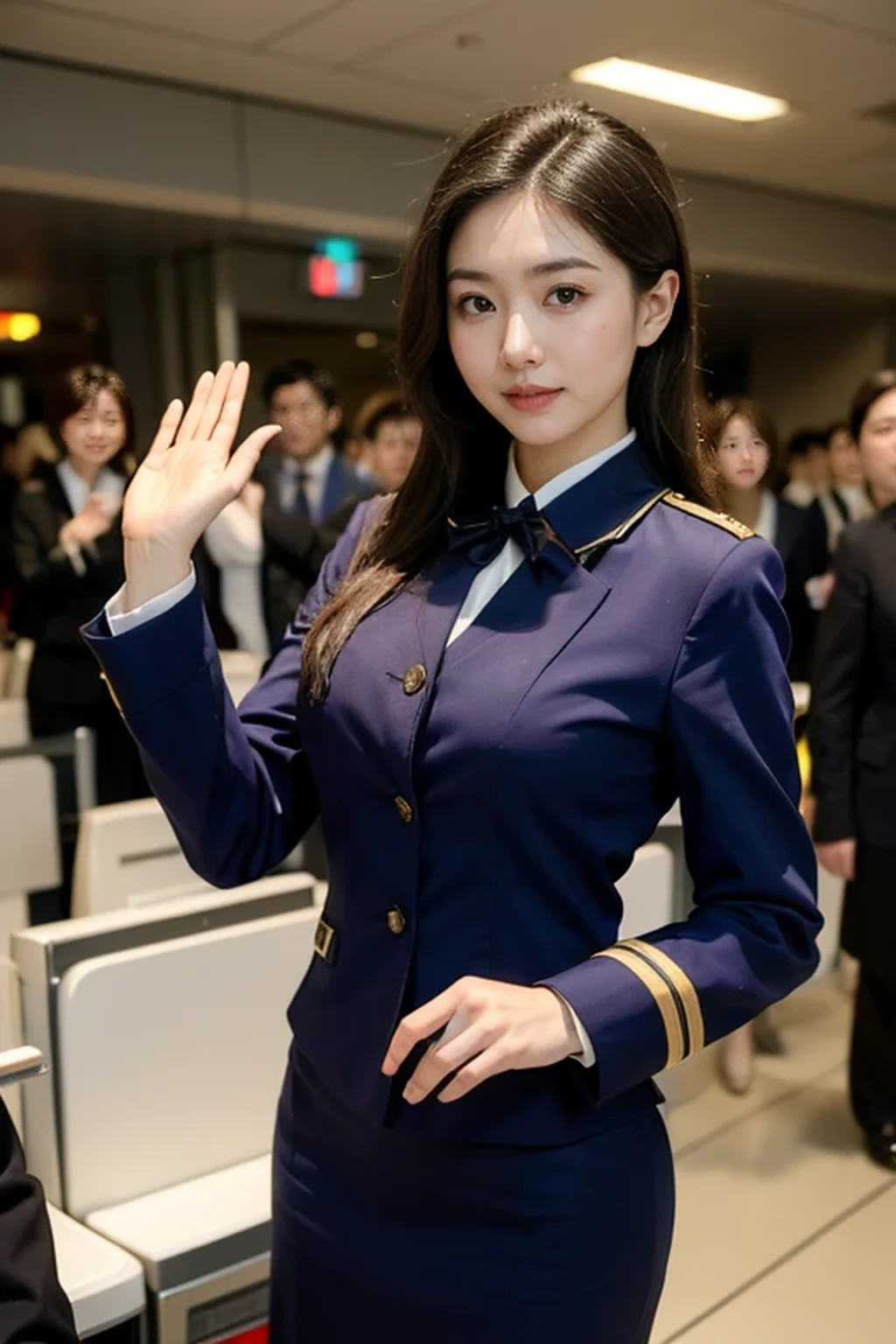 (8k, best quality, masterpiece), (((stewardess, flight attendant uniform))), (Japanese beautiful woman, glamorous body ), inside an airport