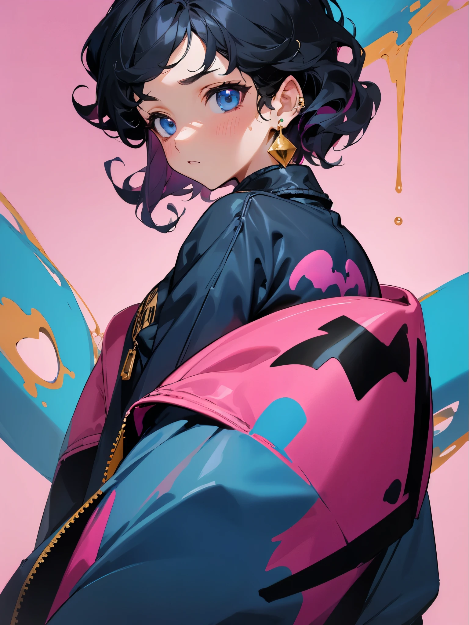 1female, black short wavy hair, blue eyes, gold earring, looking back, expressionless, dark blue bomber jacket with pink designs, pink foggy background