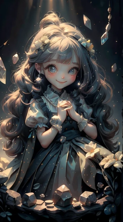 Dramatic composition, Court-style dress, Royal, nice, カスケードFrills, Frills, bow, Crystal Chandelier, Roman Curly Hairstyles, to place, , Looking at the camera, bangs, Maximalism, Palace-like background, Delicate depiction of hair and eyes, Princess Dress, nice skirts, Flowers in hands, smile, Starry Eyes, Cinematic Light, Extremely detailed, High resolution, happy woman, Very long hair, diamond, broken diamond, Crystal Fragment, Particles of light,cool、Super beautiful、In the light