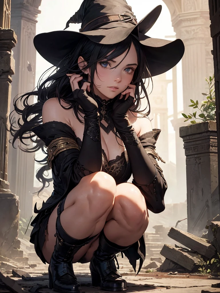 (by Greg Rutkowski: 1.2), (masterpiece), ((best quality)), extremely delicate and beautiful, illustration, highly detailed face and body.magician girl in the ruins of an ancient civilization, 1 girl, (close-up), witch, magic, high leg, bare shoulders, knee high boots, elbow gloves, hat, (sparkling eyes), gradient hair, (Zanarkand), broken column, large chiseled bricks, engravings, strange symbols, ((Heavy clothing, Very warm clothes)), cool face, HD. elegance. photorealism. Unreal engine. From Brian Froud and Carne Griffiths and Wadim Kashin and John William Waterhouse, 8K post-production, high resolution, hyperdetailed, depth of field, HDR, intricate