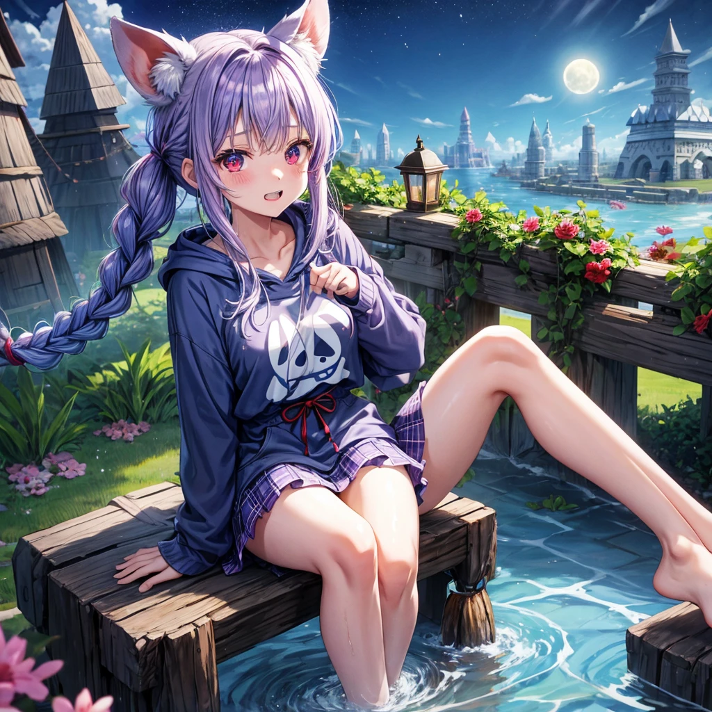 Blue-light purple hair、Red eyes、Braid、One cute girl、solo、And soul、Light clothing、Checked mini skirt、petal、Wet hair、Sitting on a stump、black t-shirts、Rabbit Hoodie、Has a button、large tree、cloud、Red full moon、desert、barefoot、Stones are piled up、Teeth are visible、Secret Treasure、Wooden chair、Fortress City、water is gushing out、Tilting face、Hands together、pyramid、tunnel
