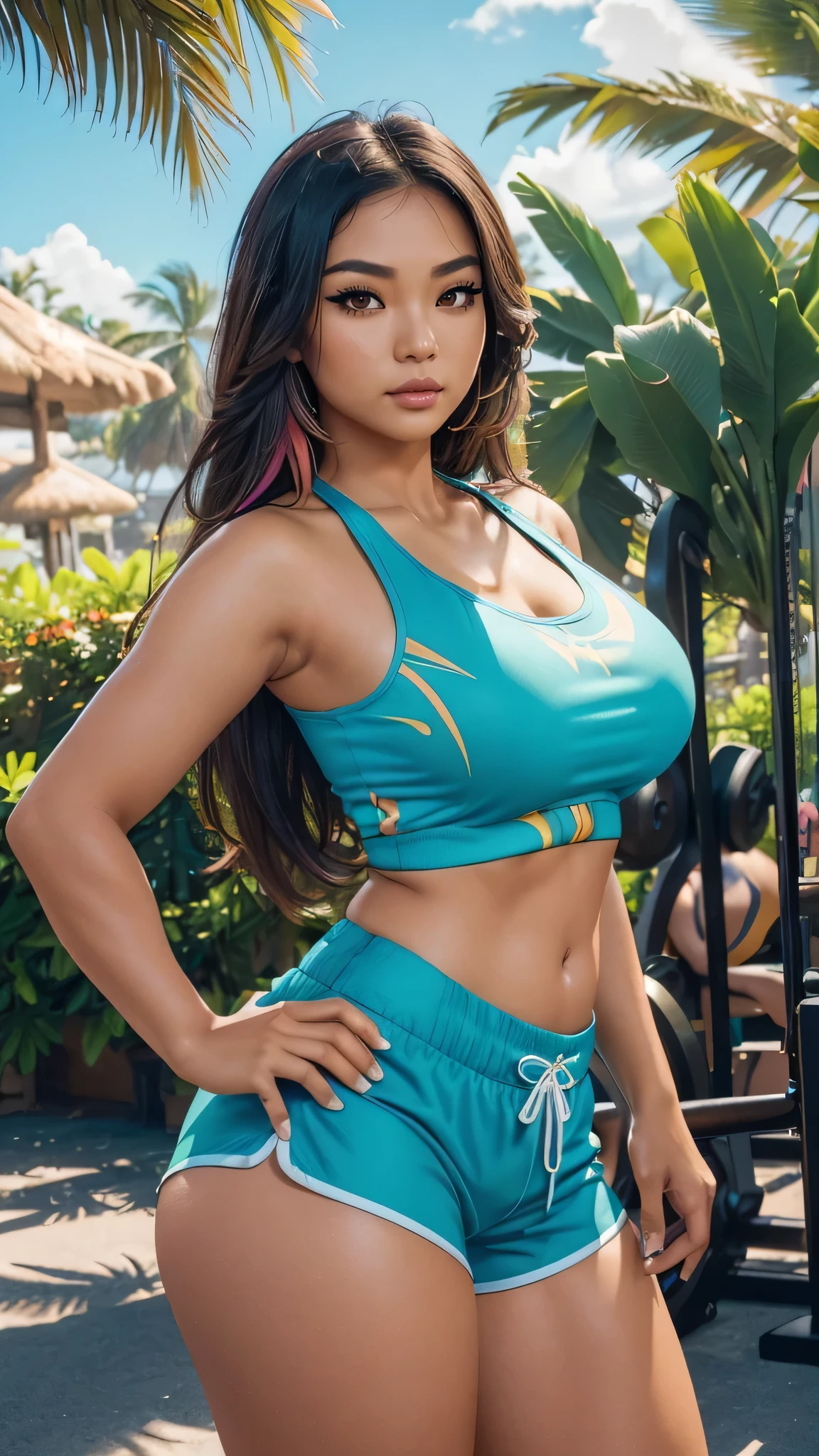 (Sexy tanned Polynesian|Asian woman, 1girl:1.2, thicc hourglass figure, perfect eyeliner:1.2), (masterpiece:1.4, best quality), medium breasts, unity 8k wallpaper, ultra detailed, (crowded outdoor background, wearing gym shorts and colorful tank top:1.3), alluring pose, upper body, ass, beautiful and aesthetic, detailed, solo
