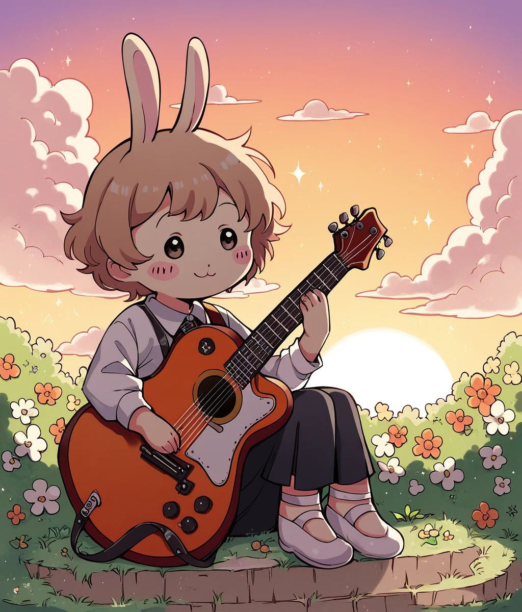 Fraction_9,Fraction_8_Direction_7_up,src_Japanese cartoons,1 Girl,Solitary,rabbit,Red Cliff,No humans,hairy,:3,Light brown,Blush Stickers,Lovely,Cartoon,musician,Musical instrument, flower,outdoor,sit, Guitar,Sunset,On the grass