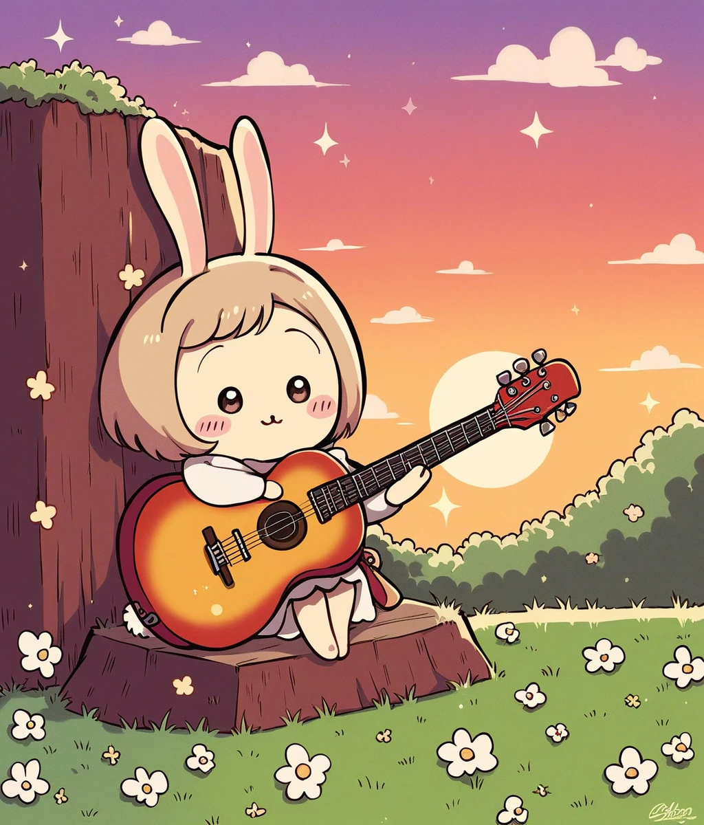 Fraction_9,Fraction_8_Direction_7_up,src_Japanese cartoons,1 Girl,Solitary,rabbit,Red Cliff,No humans,hairy,:3,Light brown,Blush Stickers,Lovely,Cartoon,musician,Musical instrument, flower,outdoor,sit, Guitar,Sunset,On the grass