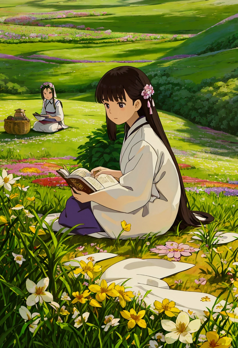 arafed woman sitting in a field of flowers reading a book, white hanfu, palace , a girl in hanfu, girl sitting in a flower field, by Yang J, sitting in a field of flowers, in a field of flowers, in a cottagecore flower garden, hanfu, in a field with flowers, girl in flowers