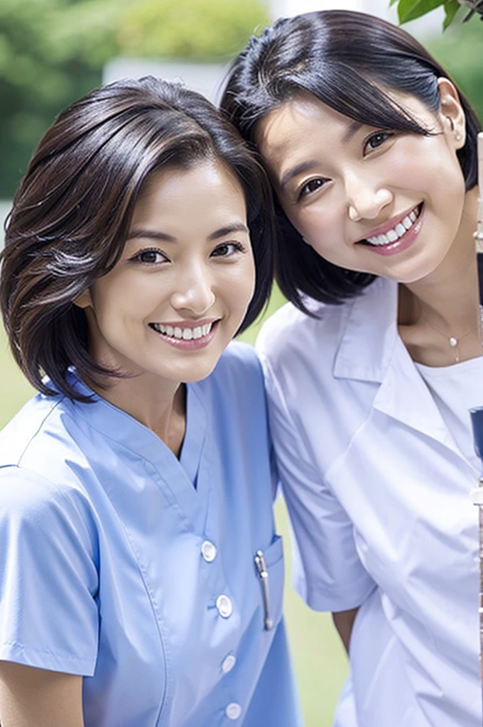 Dental hygienist, two women, smiling, wearing black medical scrubs, short sleeves, Japanese, black hair, women in their early 20s　Upper body close-up　high resolution　Highest quality　　Shooting outside　No accessories included　Black clothing