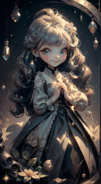 Dramatic composition, Court-style dress, Royal, nice, カスケードFrills, Frills, bow, Crystal Chandelier, Roman Curly Hairstyles, to place, , Looking at the camera, bangs, Maximalism, Palace-like background, Delicate depiction of hair and eyes, Princess Dress, nice skirts, Flowers in hands, smile, Starry Eyes, Cinematic Light, Extremely detailed, High resolution, happy woman, Very long hair, diamond, broken diamond, Crystal Fragment, Particles of light,cool、Super beautiful、In the light