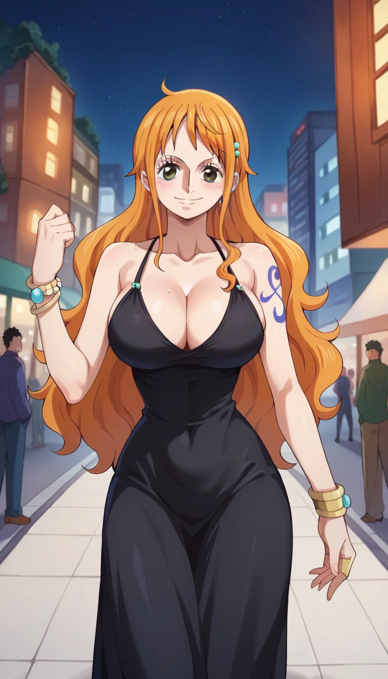 score_9, score_8_up, score_7_up, score_6_up, score_5_up, score_4_up, BREAK source_anime, nami, orange hair, long hair, wavy hair, brown eyes, large breasts, busty, one piece dress, black dress, long dress, cleavage Thigh, night, city, cleavage, standing, street, collarbone, smile, blush, Jewelery 