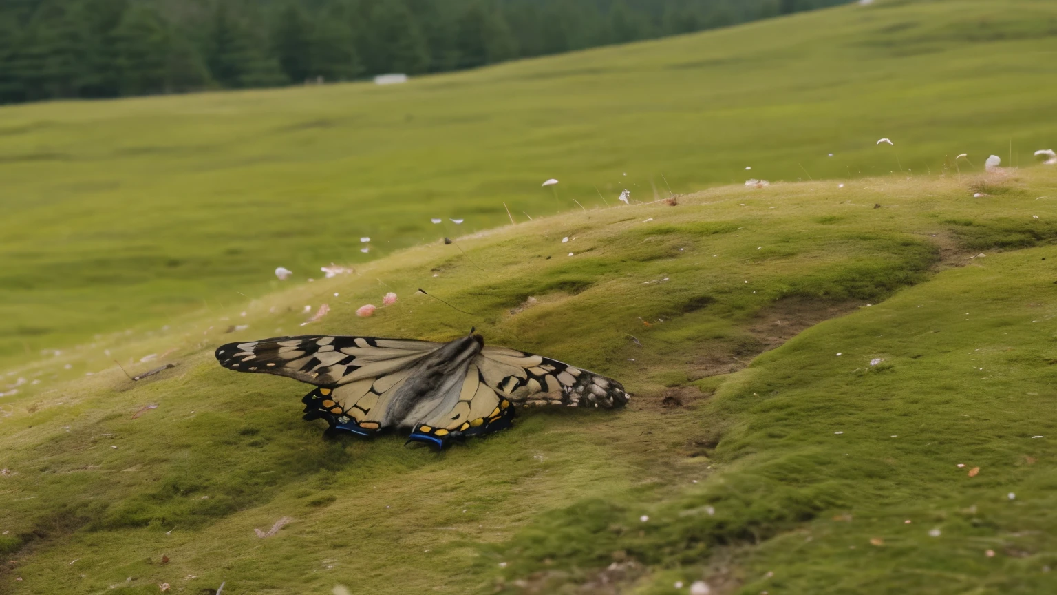 moss covered、On the hills where butterflies are flying, Surrealism,  In nature, Close-up shot of the environment, Telephoto lens，E-commerce，High Detail