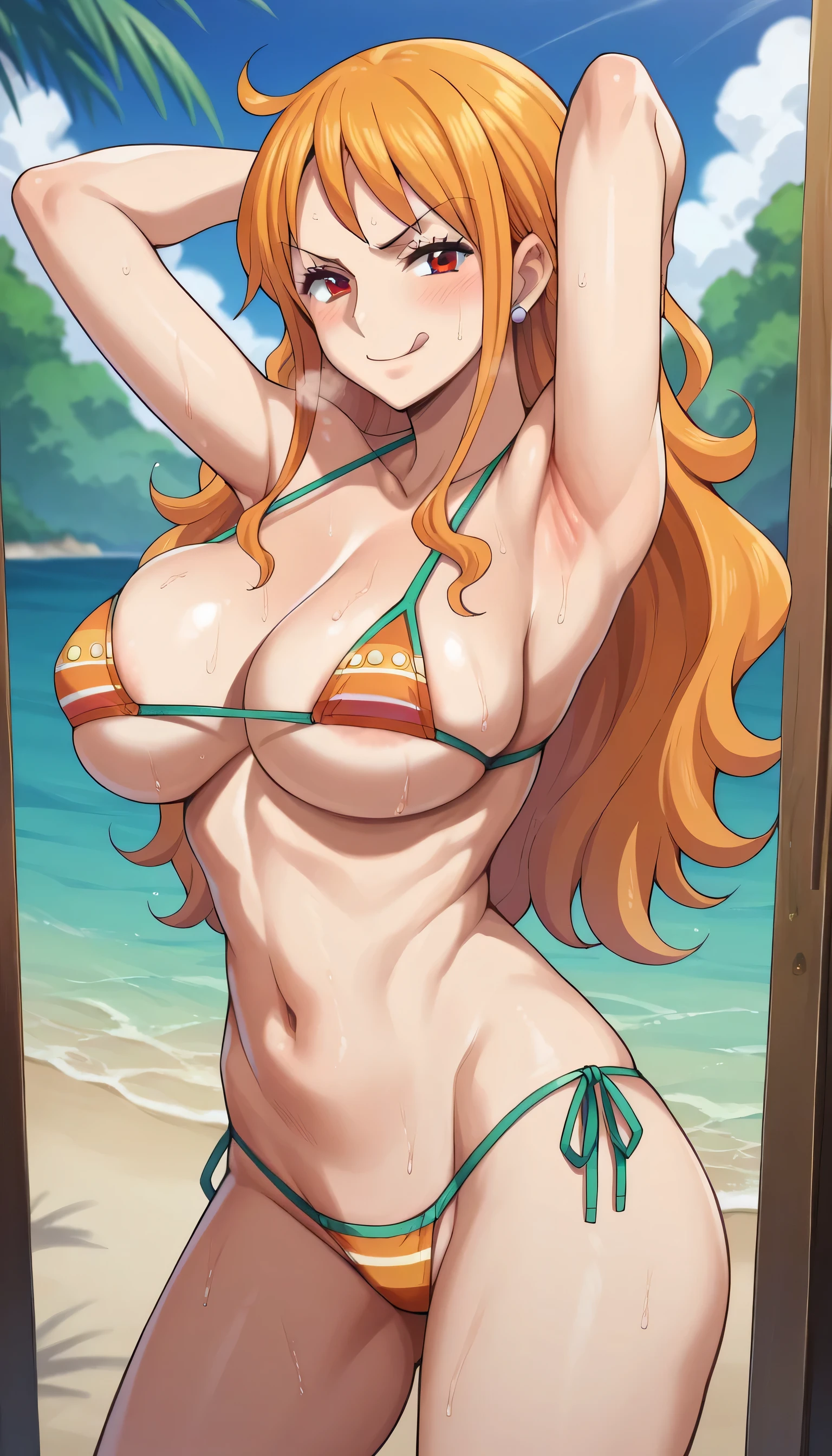 score_9, score_8_up, score_7_up, score_6_up, score_5_up, score_4_up, BREAK source_anime, nami, orange hair, long hair, wavy hair, brown eyes, large breasts gyaru, busty, bikini, orange flower bikini, micro bikini, wet body, heavy breath, blush, standing, beach, day, cowboy shot, lewd, sexy, tongue out, squat, Hands behind head, smirk