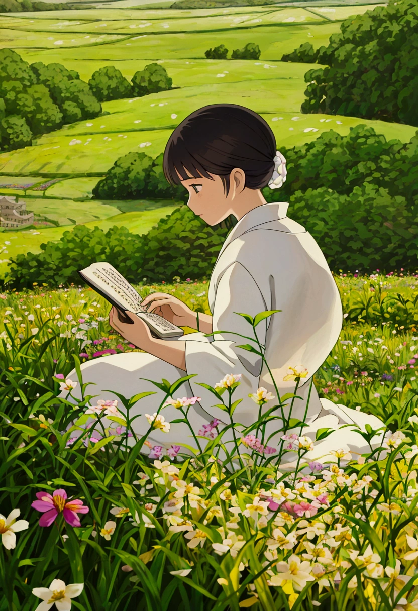 arafed woman sitting in a field of flowers reading a book, white hanfu, palace , a girl in hanfu, girl sitting in a flower field, by Yang J, sitting in a field of flowers, in a field of flowers, in a cottagecore flower garden, hanfu, in a field with flowers, girl in flowers
