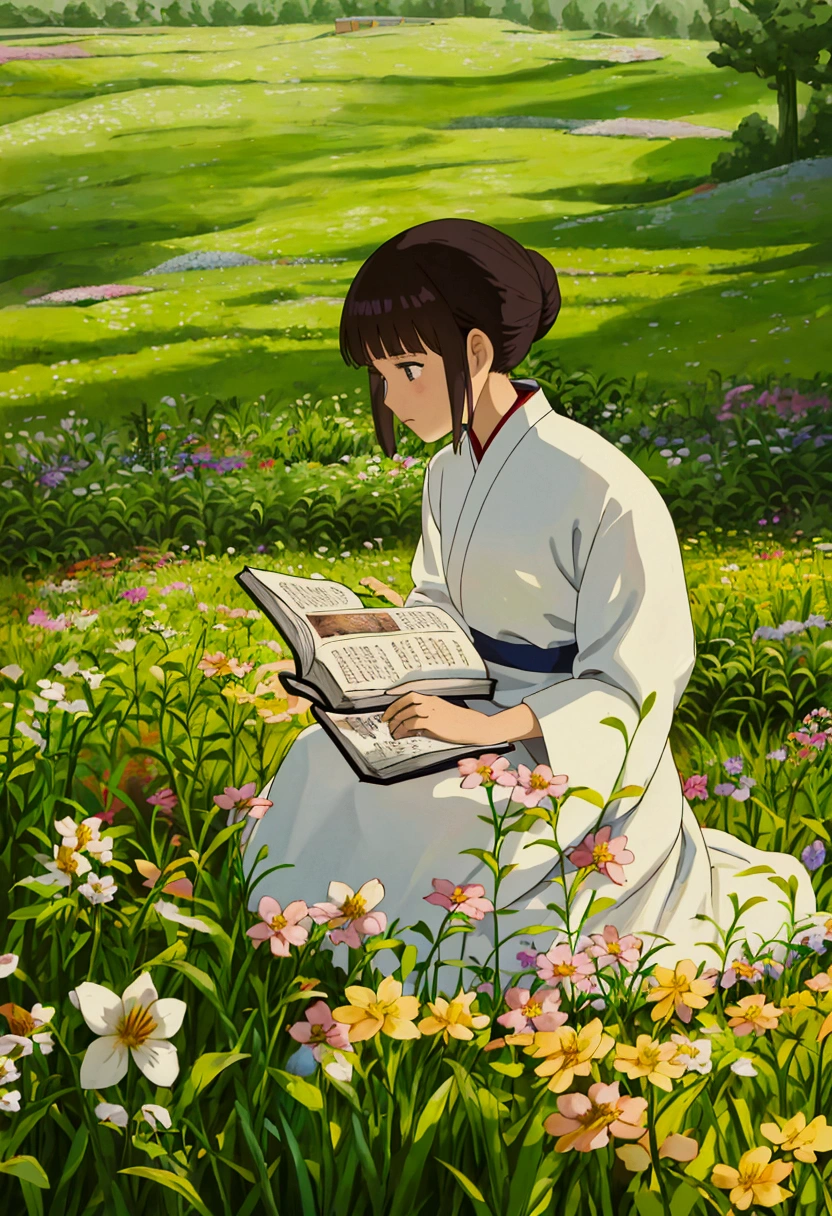 arafed woman sitting in a field of flowers reading a book, white hanfu, palace , a girl in hanfu, girl sitting in a flower field, by Yang J, sitting in a field of flowers, in a field of flowers, in a cottagecore flower garden, hanfu, in a field with flowers, girl in flowers