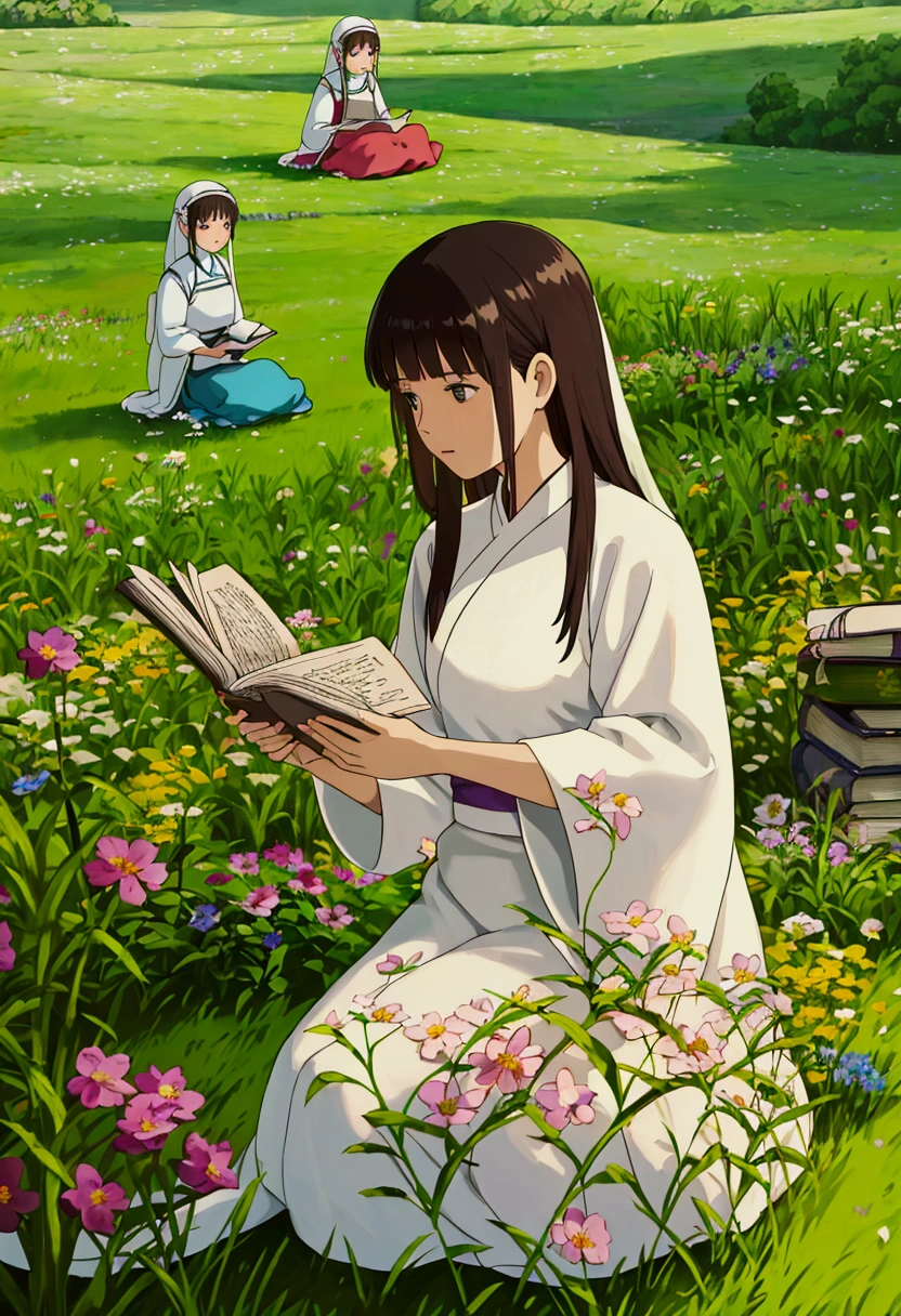 arafed woman sitting in a field of flowers reading a book, white hanfu, palace , a girl in hanfu, girl sitting in a flower field, by Yang J, sitting in a field of flowers, in a field of flowers, in a cottagecore flower garden, hanfu, in a field with flowers, girl in flowers