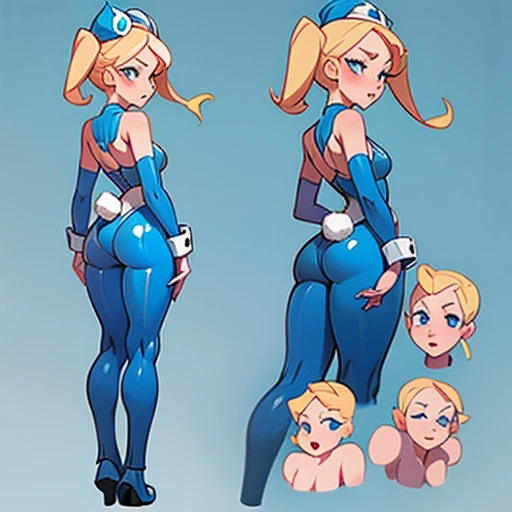 Slim woman with pronounced hips, With blonde hair and two long pigtails to the sides and a blue headband, small coral lips, big blue eyes dressed in erotic blue latex bunny suit With and white stockings , in various views (front and back) (full body) ((Character sheet))
