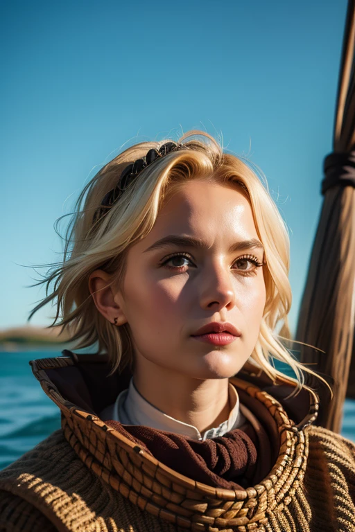 woman, Viking longship, a confident expression, short, stylish hair, 