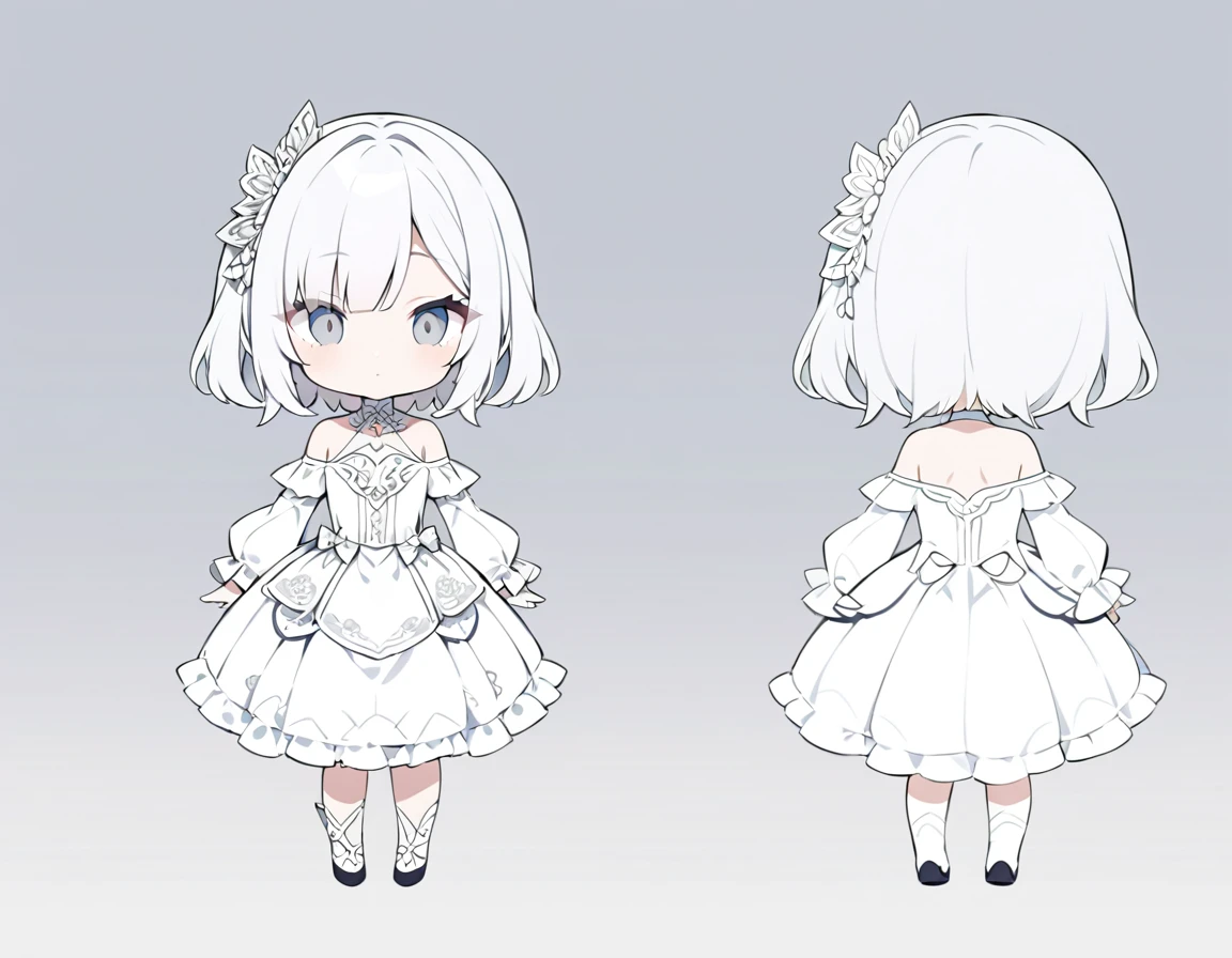 ultra-detailed, grey background, simple background, chibi, arms at sides, upright, concept art, solo, cowboy shot, full body, looking at viewer, Cute , Long white hair, Silver eye, Bare shoulder ta,White clothes, whole body, One person