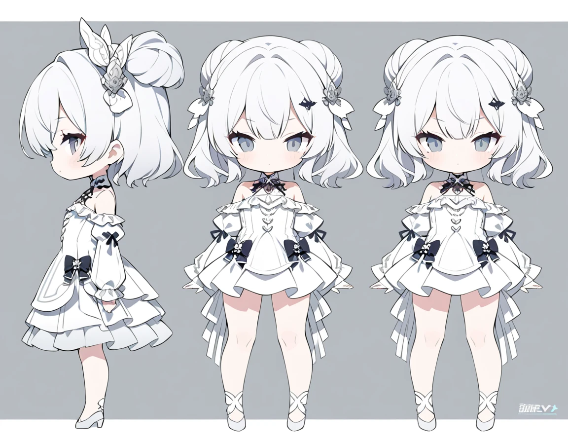 ultra-detailed, grey background, simple background, chibi, arms at sides, upright, concept art, solo, cowboy shot, full body, looking at viewer, Cute ,　Long white hair,　Silver eye, 　Bare shoulder ,White clothes, whole body,　One person