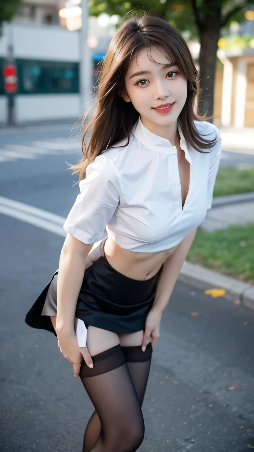 Best quality, Ultra-high resolution, Face Focus(truly:1.6),Cute hairpin,Baoyu girl,1 Girl, Beautiful slim woman:1.4, Abdominal muscles:1.2, (Brown hair,Medium breasts:1.4), shirt:1.1, outdoor(blur background:0.1),Small depth of field,Ultra-thin face,Exquisite eyes,Double eyelids,Smile,whole body,Thin legs,Long legs,Standing,Dance moves,Slender legs,I can see your thighs,Short skirt,Collar(1.8),Black translucent stockings(1.6)