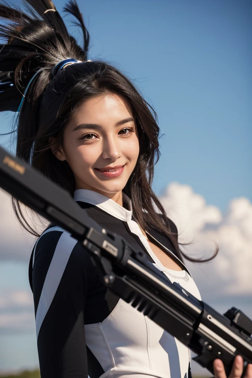High quality surreal images of women.  The woman is a mix of Native American and Jewish..  Powerful features, fair skin.  dark brown curly hair, black eye.  The woman is wearing a semi-futuristic combat uniform..  She has a gun and a knife wrapped around her body..  Beautiful woman is smiling.  her eyes shine with hate.