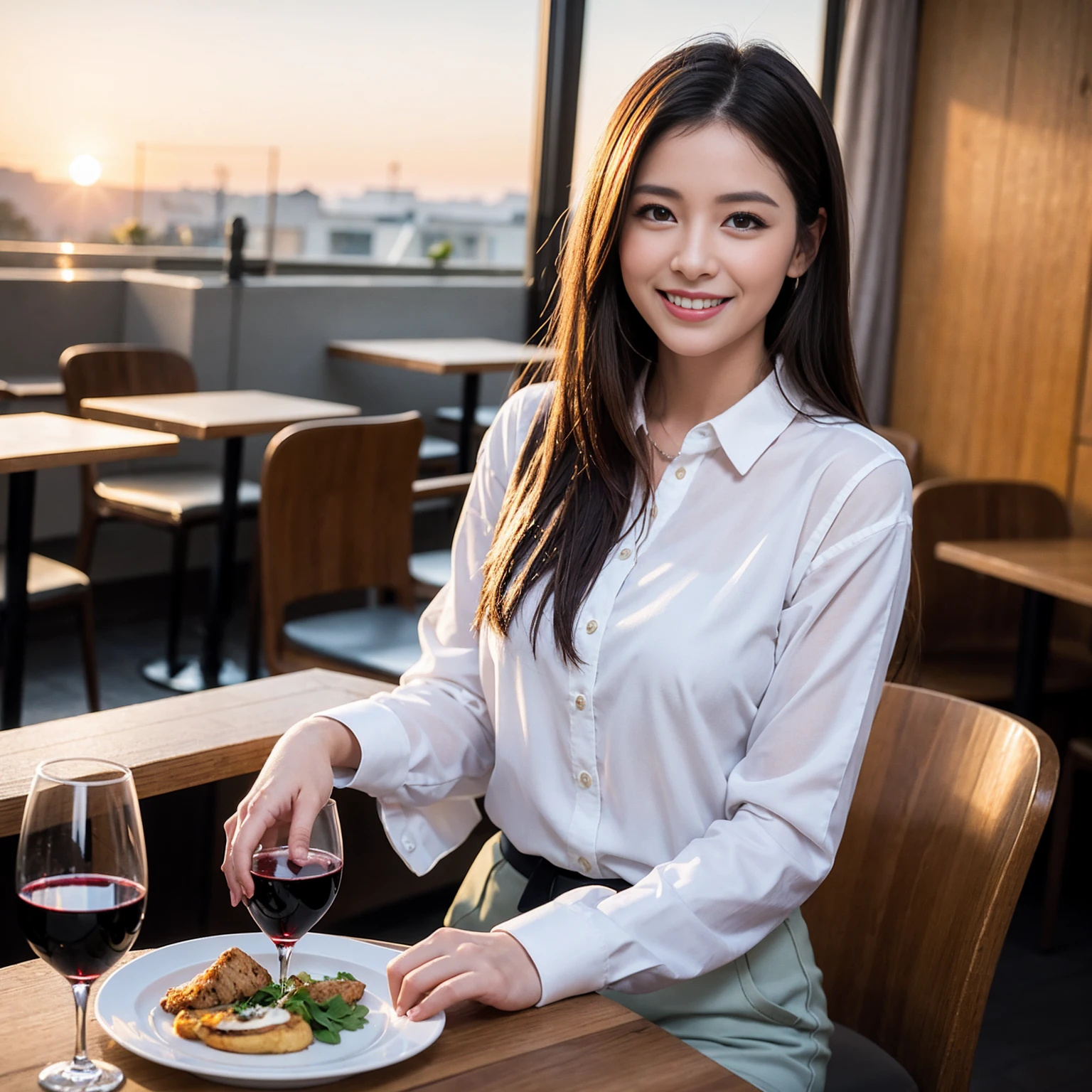 ((Highest quality、8k、masterpiece:1.3))、Beautiful woman who looks like Satomi Ishihara、1 male、1 female、Couple、spouse、half、The body is slim、((Bob Hale、Straight hair:1.2)), (Realistic, Intricate details:1.2), テーブルの上のwine glass、Put the light on your face、 Amazing view of the sunset sky and clouds、Amazing mountain views、A bright smile、The wonderfulness of smile、Bright image、The beauty of wine, Beautiful Face, blue eyes, The light shines on your face, blush, short hair,Bright Face、 (Age 37), 39 years old, red wine 、Appetizers、Italian food、Wine bottle、Champagne、sparkling wine、Two beauties、Brown Hair、Shortcuts、Long sleeve shirt、dress、Pretty Woman 1, (slimな顔), (The body is slim), (Brown Hair), (Shortcuts), cheeks turn a little red,Attractive beauty、restaurant, In a prominent place (From the waist up) Nova Frog Style, actress, model, Upper Body, White wine, slim, wine glass, A wine glass placed in the center, smile, (smile: 1.15), Beautiful fine grain, Depth f/2,saturation, High Contrast, Strong light and shadow,Moist Body:1.5、3D texture、Delicate eyes、Brown Hair、The hair is very shiny、