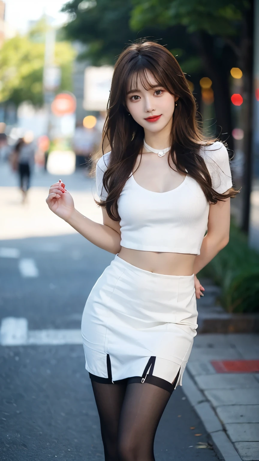 Best quality， Ultra-high resolution， Face Focus（truly：1.6），Cute hairpin，Baoyu girl，1 Girl, Beautiful slim woman:1.4, Abdominal muscles:1.2, (Brown hair,Medium breasts:1.4), shirt:1.1, outdoor（blur background：-1）,Small depth of field，Ultra-thin face，Exquisite eyes，Double eyelids，Smile，whole body，Thin legs，Long legs，Standing，Dance moves，Slender legs，I can see your thighs，Short skirt，Collar（1.8），Black translucent stockings（1.6）