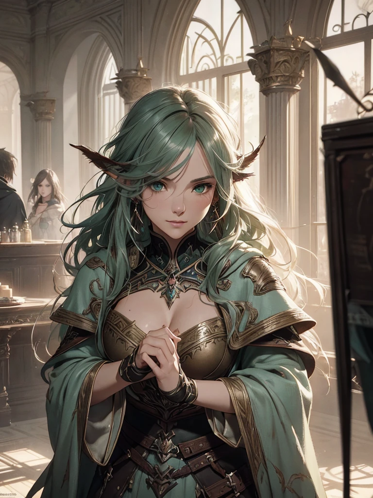 (by Greg Rutkowski: 1.2), (masterpiece), ((best quality)), extremely delicate and beautiful, illustration, highly detailed face and body. Ashe from final fantasy XII, fantasy world, green eyes, ashen hair color, long hair, indoors, smiling, stud earrings,, ((Heavy clothing, Very warm clothes)), cool face, HD. elegance. photorealism. Unreal engine. From Brian Froud and Carne Griffiths and Wadim Kashin and John William Waterhouse, 8K post-production, high resolution, hyperdetailed, depth of field, HDR, intricate