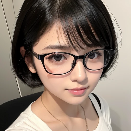 20-year-old women、Japanese、Beauty、The eyes are double、one piece、White Background、Beautiful Skin、Glossy Lips、Black-rimmed glasses、Black short hair、Selfie from above