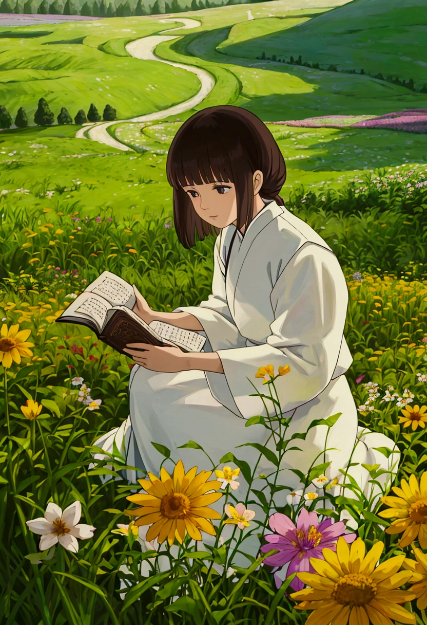 arafed woman sitting in a field of flowers reading a book, white hanfu, palace , a girl in hanfu, girl sitting in a flower field, by Yang J, sitting in a field of flowers, in a field of flowers, in a cottagecore flower garden, hanfu, in a field with flowers, girl in flowers