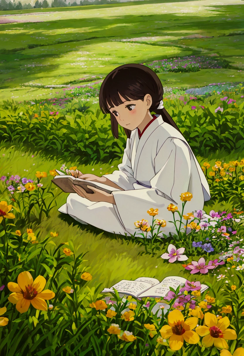 arafed woman sitting in a field of flowers reading a book, white hanfu, palace ， a girl in hanfu, girl sitting in a flower field, by Yang J, sitting in a field of flowers, in a field of flowers, in a cottagecore flower garden, hanfu, in a field with flowers, girl in flowers