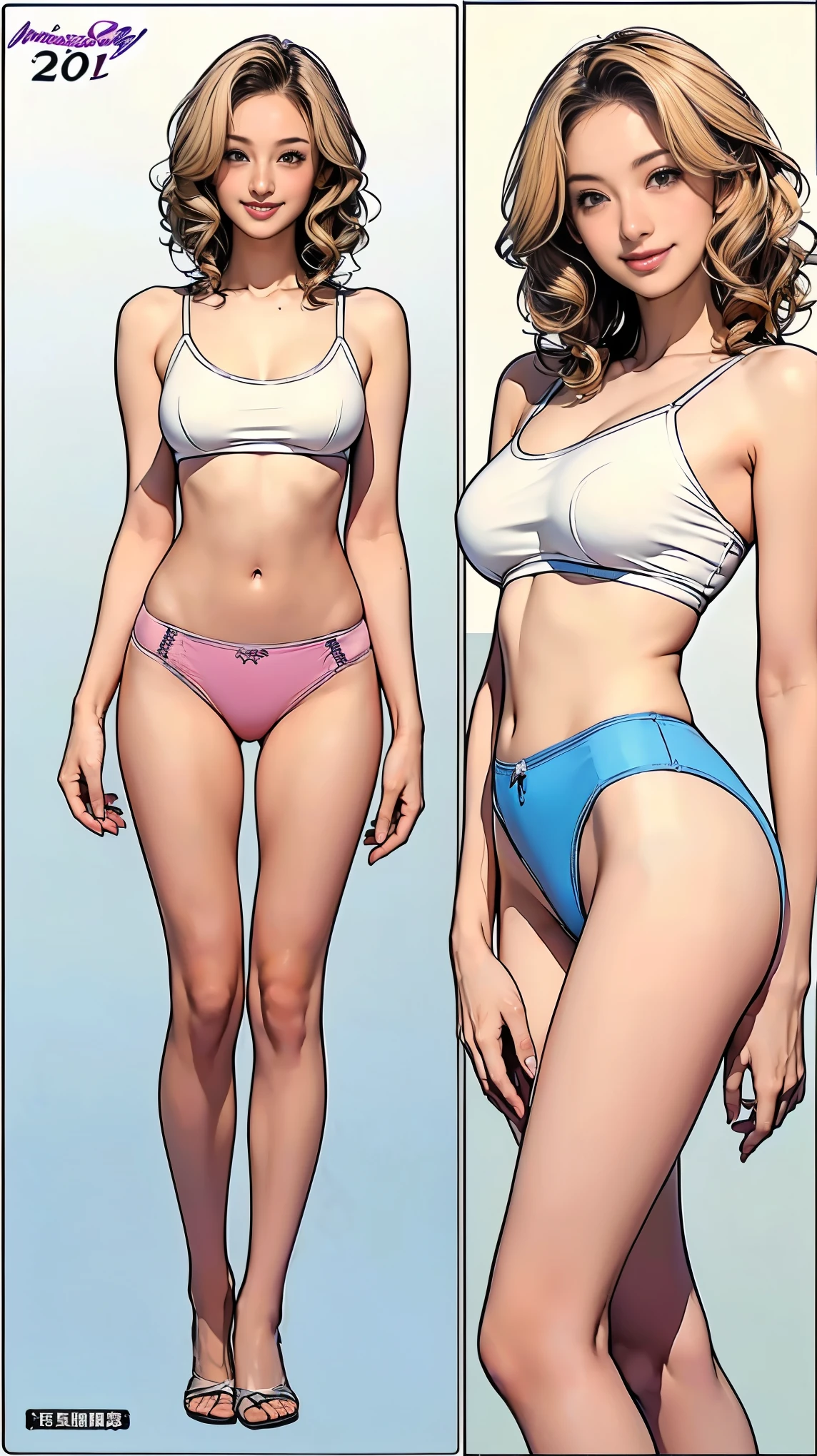 ((masterpiece)),(((Highest quality))),((Character design sheet)),Thin thighs,Long legs,(A very cute 20 year old young woman from Japan.), ((Light blonde delicate hair)), ((Short hair with messy side waves)),(((Slim and slender figure))),Medium bust size、Small breasts、 (((Clean your hands))),(Curly Hair),(((A very kind smile))), (((She wears random colored panties))),(((She's wearing a random color bra))) ((Highest quality, 16K, Tabletop: 1.3)), The light shines on your face, Highly detailed face, Highly detailed lips, Beautiful Eyes,