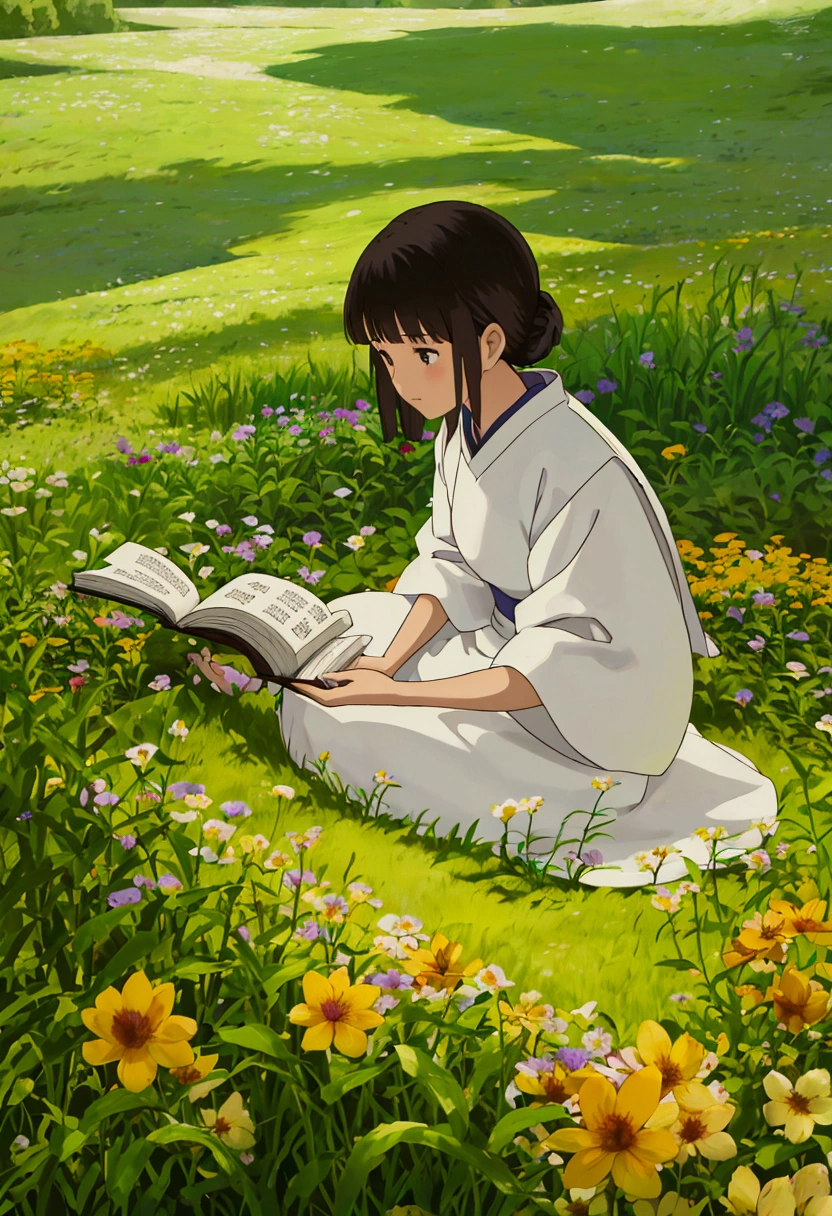 arafed woman sitting in a field of flowers reading a book, white hanfu, palace , a girl in hanfu, girl sitting in a flower field, by Yang J, sitting in a field of flowers, in a field of flowers, in a cottagecore flower garden, hanfu, in a field with flowers, girl in flowers