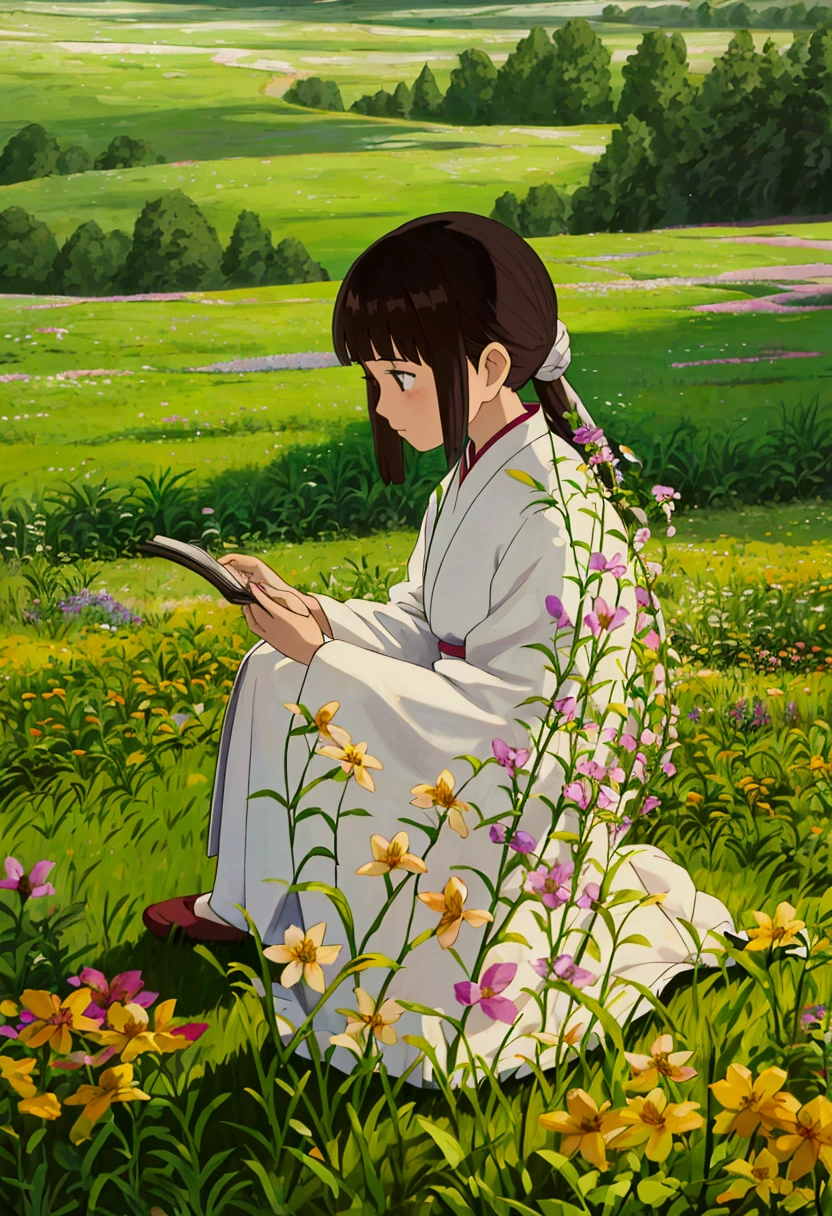 arafed woman sitting in a field of flowers reading a book, white hanfu, palace , a girl in hanfu, girl sitting in a flower field, by Yang J, sitting in a field of flowers, in a field of flowers, in a cottagecore flower garden, hanfu, in a field with flowers, girl in flowers