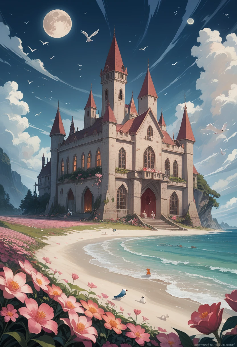 Castle, flowers, delicate scene, sky, White clouds, and the sunshine shines on the snow-white beach. birds, pink flowers and bright big shells, diamond crystal, on the beach, Fantasy, night sky, moon, smoke, fire, Photo, HD, 8 K, uhd, super detail, high quality, 1080P  