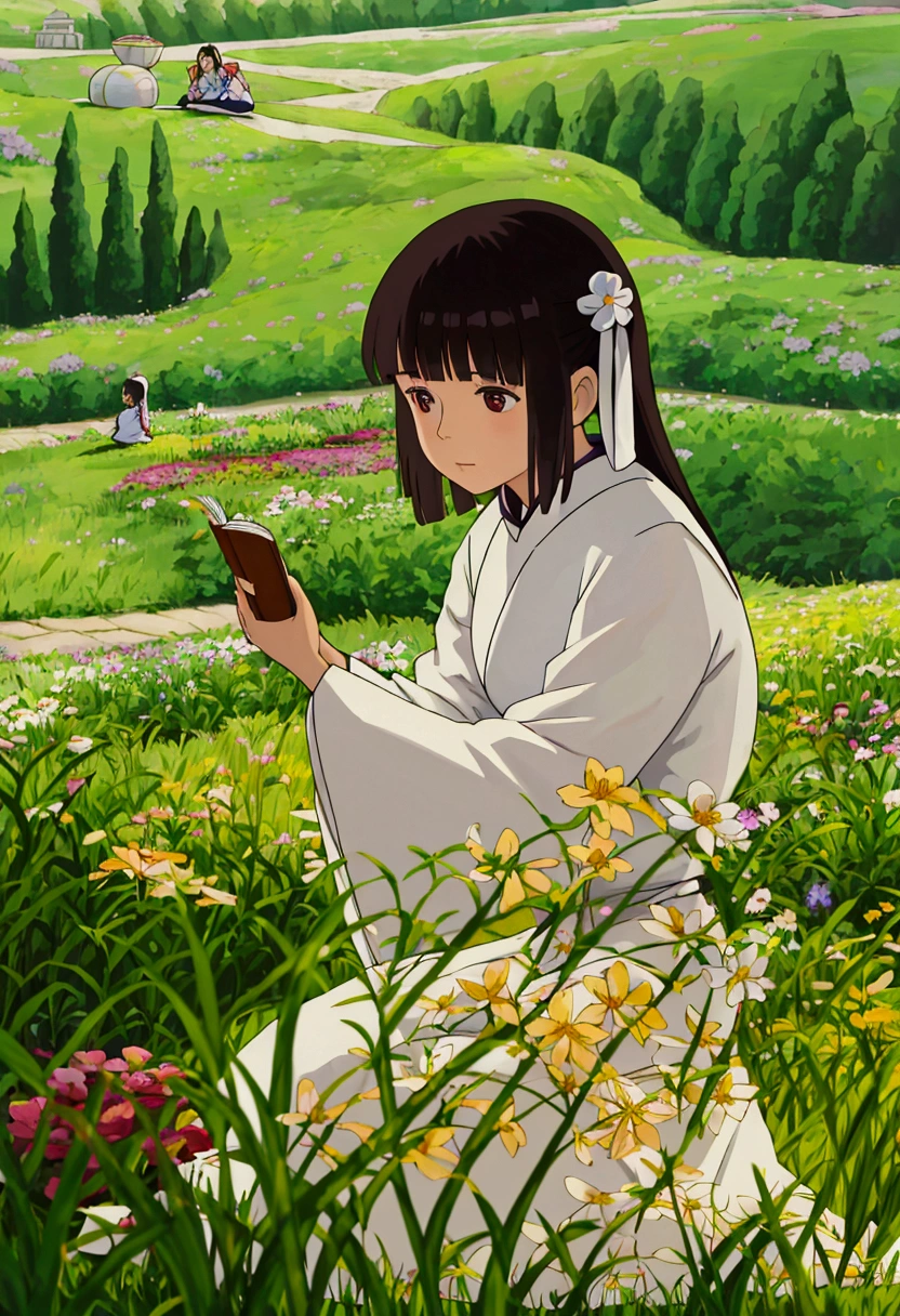 arafed woman sitting in a field of flowers reading a book, white hanfu, palace , a girl in hanfu, girl sitting in a flower field, by Yang J, sitting in a field of flowers, in a field of flowers, in a cottagecore flower garden, hanfu, in a field with flowers, girl in flowers