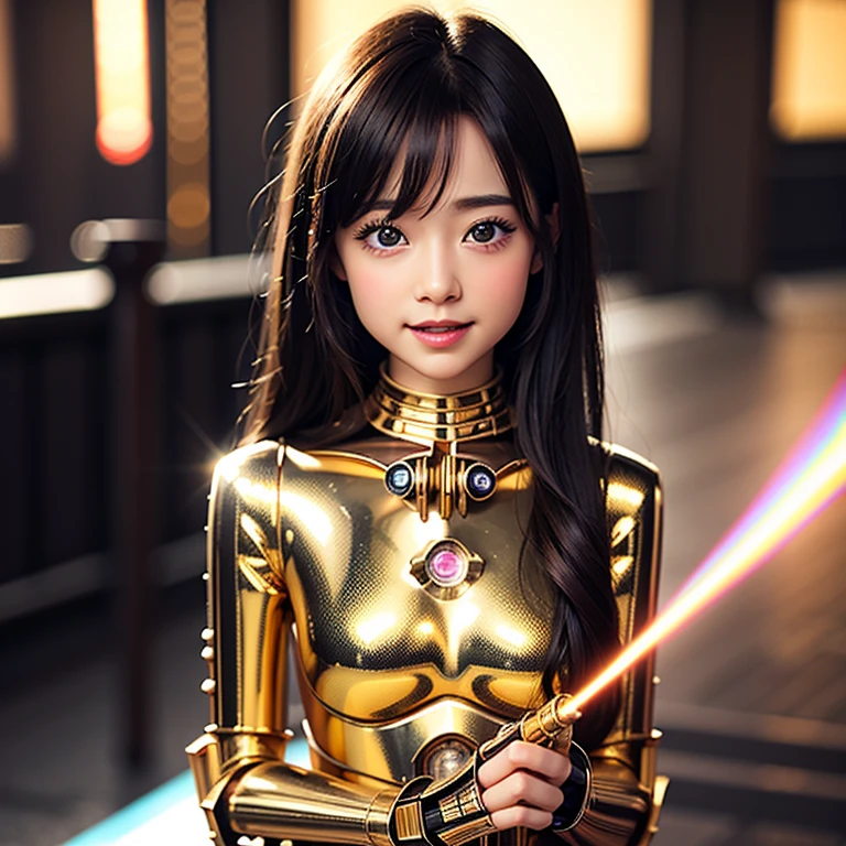 (ExtremelyDetailed ((Personification as a LittleGirl of (C-3PO)))) DelicateClothing Textures. High-level UltraDetailed Wallpaper, (8K TopQuality Masterpiece of DigitalPainting), PerfectLighting, Absurd MysticSight Tyndall Effect Scattering (StudioGray background with (Overflowing oodles RainbowColor (Starry Particles BokeH))), (Assfocus RoundlyButts) (Exposed SFW) BREAK (Acutance:0.88) (NOGIZAKA FaceVariations) Extremely Detailed KAWAII face, Childish PerfectAnatomy, CaptivatingGaze ReflectiveEyes with (SparklingHighlights:1.28), DoubleEyelids with (Delicate VoluminousLong Eyelashes:0.88), GlossyRED Lips with BeautifulDetails, PUNIPUNI RosyCheeks, Radiant PearlSkin with clear transparency, Glowing DowneyHair, { (Dynamic Joyful expressions LifeLike Rendering:1.4) | (:d) } . (large eyes:-1) . (Lens Flare:-0.5)