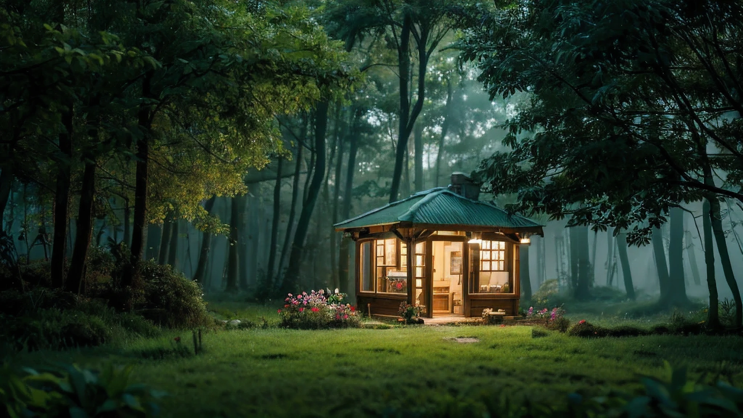 a small shop with lights in foggy forest surrounded by green trees, plants, flowers, wet grass land , detailed, best quality, masterpiece, 8k scene.