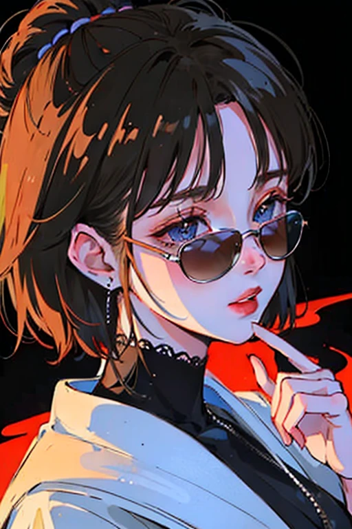 (portrait:1.4), (masterpiece:1.2, best quality:1.2), from above, Upper Body, 1 Girl, look up, Face Focus, Extremely detailed face, Extremely detailed eyes, nice, cosmetic, Finger on lips, sunglasses, fashion clothing, earrings,