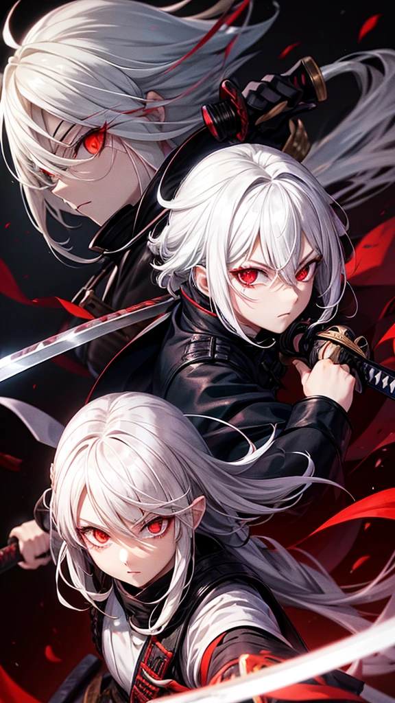 White hair red eye holding katana night time