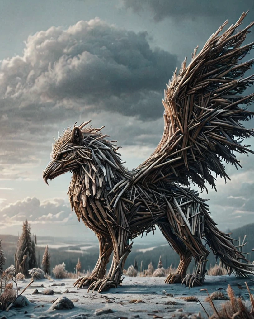 a griffin made of ice-sticks, epic, fields of madness, concept art, trending on Artstation, extremely detailed, ornate, intricate, fantastical, dark, foreboding, dramatic lighting, dramatic fog, dramatic clouds, lush overgrowth, moody atmosphere, cinematic composition, realistic rendering, photorealistic, 8k, masterpiece, surreal, ethereal, otherworldly