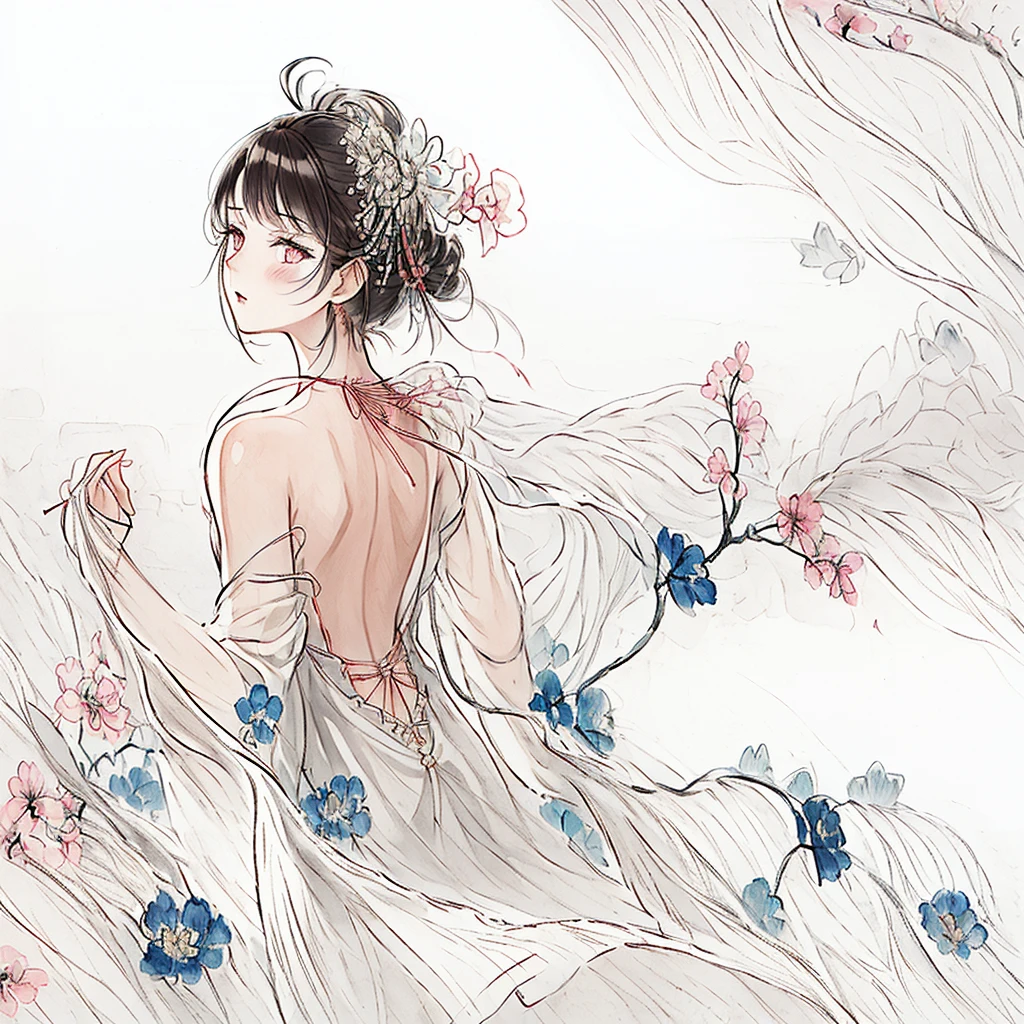 (((masterpiece))),(((best quality))),((Extremely detailed)), ((illustration)),floating, ((Extremely delicate and beautiful)),(Beautiful and delicate eyes),((Messy hair)), (),(sketch), 1 Girl, small_breast,((neck)),(((Back))),(looking Back), blush,Suspender dress, Elongated hair,Backless dress