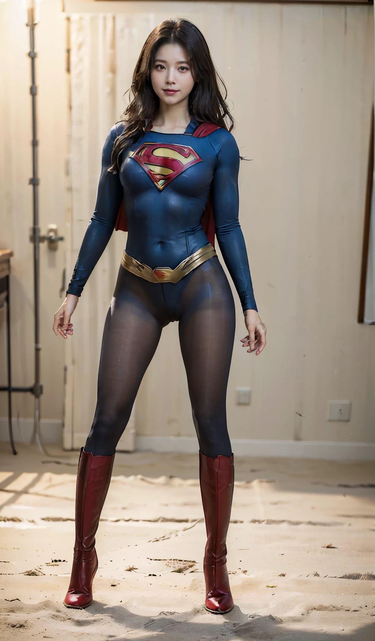 No background、She always has her mouth open、She always has a sad look on her face、Always close your eyes、(((Beautiful legs in black tights.)))、(((Stretch your legs、expensive、Showing a beautiful smile)))、((((Make the most of your original images)))、(((Supergirl Costume)))、(((Beautiful Hair)))、(((Suffering face)))、(((Black tights legs、Wear red boots)))、((Best image quality、8k))、((Highest quality、8k、masterpiece:1.3))、(((Preserve background )))、Sharp focus:1.2、Beautiful woman with perfect figure:1.4、Slim Abs:1.2、Wet body:1.5、Highly detailed face and skin texture、8k