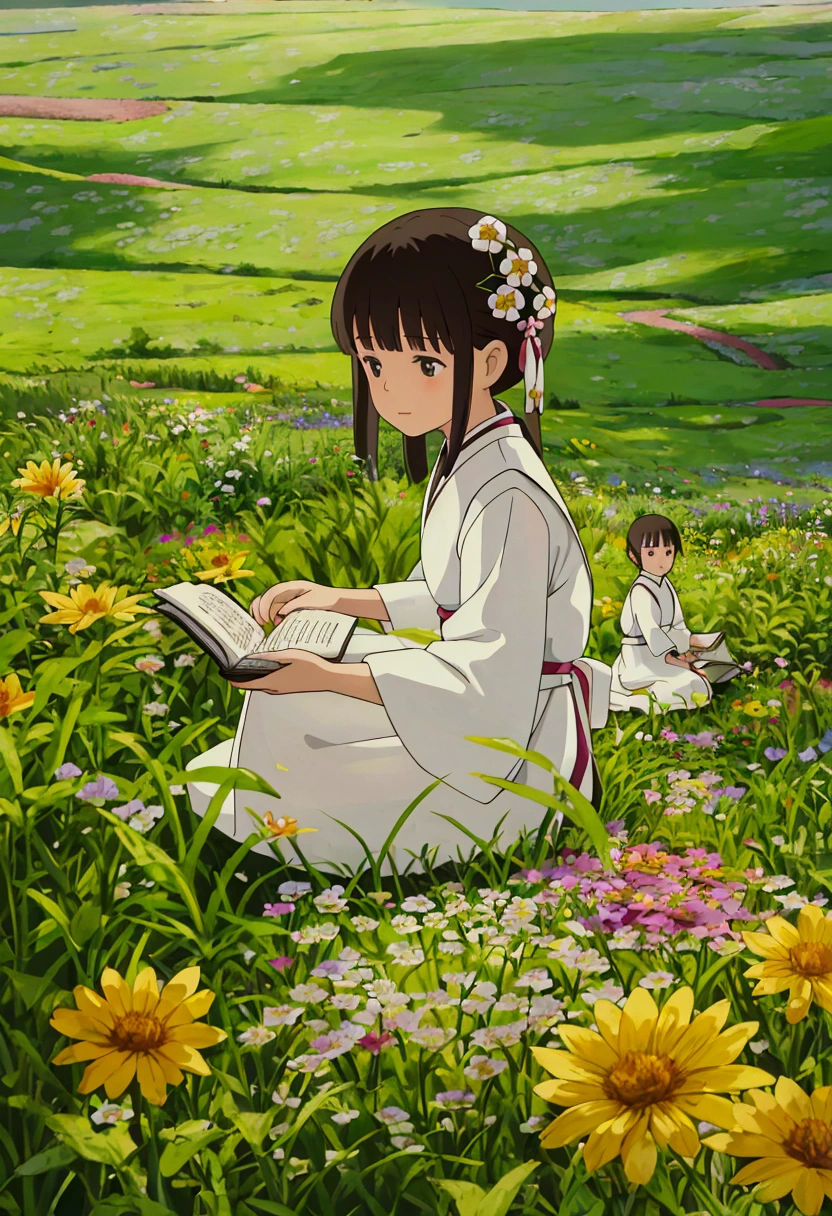 arafed woman sitting in a field of flowers reading a book, white hanfu, palace ， a girl in hanfu, girl sitting in a flower field, by Yang J, sitting in a field of flowers, in a field of flowers, in a cottagecore flower garden, hanfu, in a field with flowers, girl in flowers