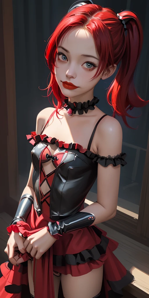 Harley Quinn, (best quality, masterpiece), 1girl, red hair, medium chest, gothic frill dress, pervert face,