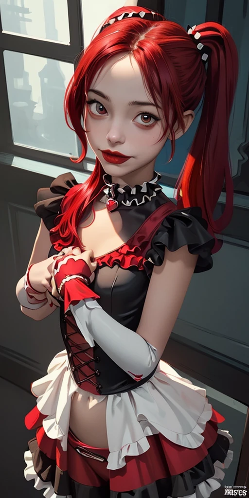 Harley Quinn, (best quality, masterpiece), 1girl, red hair, medium chest, gothic frill dress, pervert face,